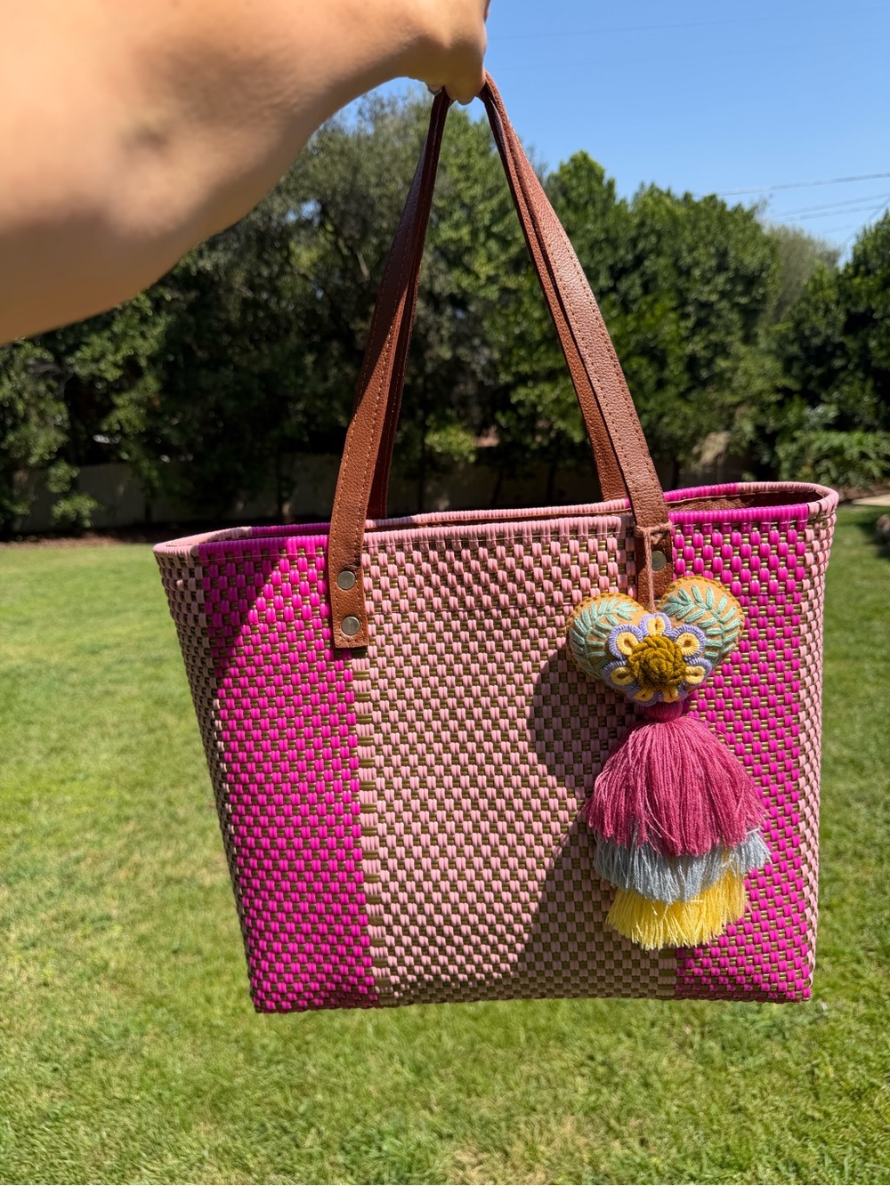 Woven Pink and Gold Tote Bag with Leather Handles and Heart Tassel Charm